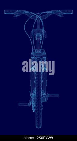 Immagine blu di una bicicletta con sfondo blu. L'immagine è una rappresentazione stilizzata di una bicicletta, con il telaio e i raggi della moto visibili. TH Illustrazione Vettoriale