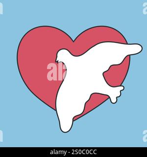 Cuore rosso con emblema bianco a forma di colomba su sfondo blu. Simbolo della pace. Illustrazione vettoriale Illustrazione Vettoriale
