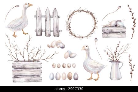 Set pasquale di uova di quaglia e pollo, tavole di legno e scatola. Acquerello illustrativo disegnato a mano oche e scatole di semi di papavero. Cornice con la primavera Foto Stock