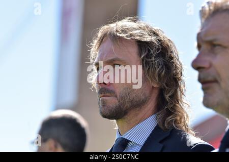 Monza, Italia. 18 settembre 2022. Foto Claudio grassi/LaPresse 18 settembre 2022 - Monza, Italia - sport, calcio - Monza vs Juventus - Campionato italiano di calcio serie A TIM 2022/2023 - Stadio U-Power. Nella foto: Pavel Nedved (vice presidente Juventus) e Federico Cherubini (direttore tecnico) 18 settembre 2022 Monza, Italia - sport, calcio - AC Monza vs Juventus FC - Campionato Italiano TIM 2022/2023 - Stadio U-Power. Nella foto: Pavel Nedved (vice presidente Juventus) e Federico Cherubini (direttore tecnico) crediti: LaPresse/Alamy Live News Foto Stock