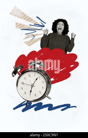 Immagine collage verticale giovane donna stressata urla allarme campanello gestione tempo conto alla rovescia regime di programmazione mancato ritardo. Foto Stock