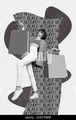 Foto collage di una giovane e attraente donna shopaholic swag con pacchetti da boutique Black friday isolati su sfondo dipinto. Foto Stock