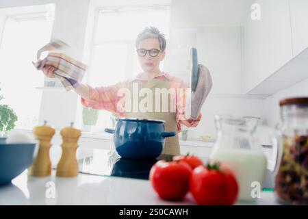 Affascinante signora anziana che cucina con gioia in una cucina luminosa. Indossa un grembiule mentre prepara un delizioso pasto fatto in casa, mostrando il suo pass culinario Foto Stock