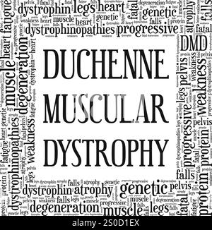 DMD Duchenne Muscular Dystrophy design concettuale nuvola di parole isolato su sfondo bianco. Illustrazione Vettoriale