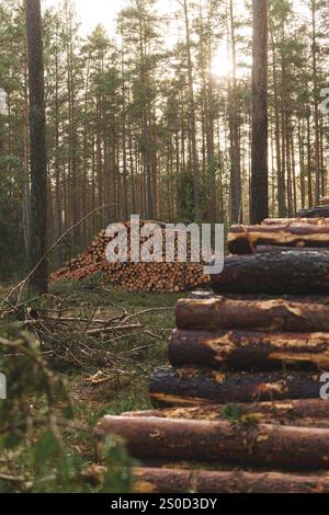 Registri pronti per il trasporto in una foresta. Industria forestale, produzione di legname e legname. Foto di alta qualità Foto Stock