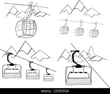 Ski Mountain Lift composizione linee grafiche ambientate in montagna. Progettazione vettoriale. Illustrazione Vettoriale
