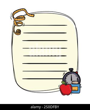 Modello di pagina per blocco note vettoriale luminoso con cronometro, nutrizione sportiva, mela e metro a nastro. Layout di pagina disegnato a mano Illustrazione Vettoriale