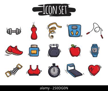 Set luminoso di icone del fitness e dello sport. Segni e simboli disegnati a mano di attrezzature sportive, stile di vita attivo, palestra, allenamento Illustrazione Vettoriale