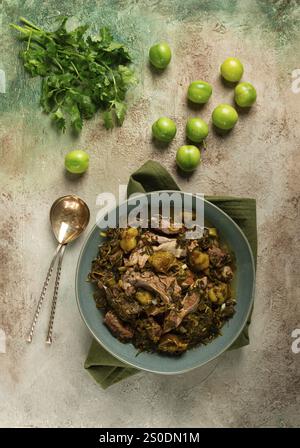 Chakapuli, piatto georgiano, carne stufata con erbe e tkemali, vino bianco, fatti in casa, nessuno Foto Stock