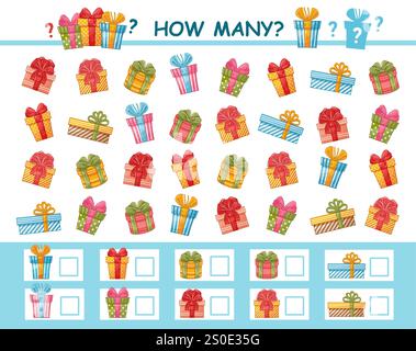 Quante confezioni regalo per le festività. Bambini educazione matematica gioco puzzle logico. Numero di calcolo matematico confezione a sorpresa in cartone Illustrazione Vettoriale