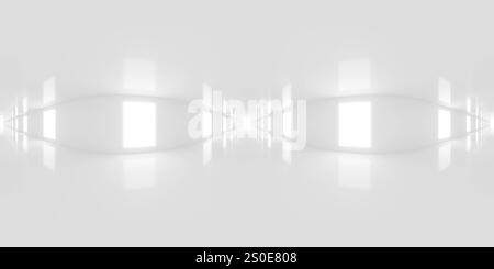 360 vr 3d rendering panorama di Uno spazio interno minimalista e astratto con luci rettangolari luminose e luminose. L'ambiente presenta un aspetto uniforme e riflesso Foto Stock