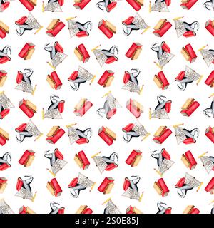 Composizioni di cappelli, libri e candele. Illustrazione ad acquerello di un motivo senza cuciture per Halloween su sfondo bianco. Decorazioni natalizie. Becco di mano Foto Stock