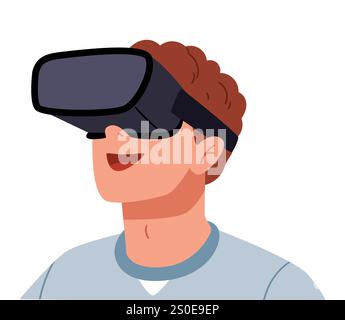 Un ragazzo con occhiali di realtà virtuale. L'uomo con occhiali di realtà virtuale. Concetto tecnologico del futuro. Illustrazione Vettoriale