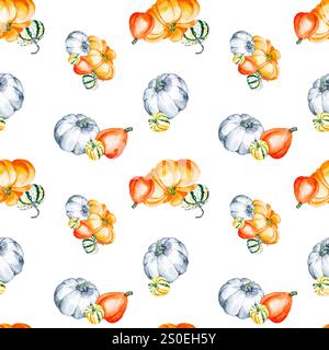 Zucche. Disegno ad acquerello di zucche brillanti. Motivo senza cuciture con verdure su sfondo bianco. Illustrazione botanica per il tuo progetto. Foto Stock