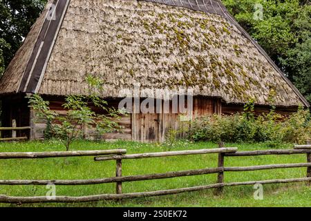 Una casa in legno con tetto in paglia e recinzione in legno. La casa è circondata da un lussureggiante campo verde Foto Stock