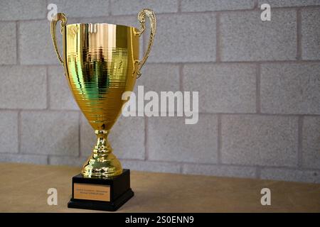 Lierde, Belgio. 27 dicembre 2024. La coppa raffigurata davanti alla Supercup minivoetbal 2024 tra Doltcini Erwetegem e AZ77 Maldegem, venerdì 27 dicembre 2024 a Lierde, Belgio. Crediti: Sportpix/Alamy Live News Foto Stock