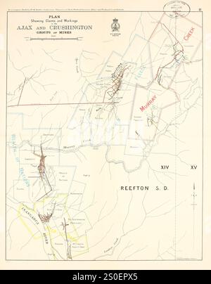 Mappa delle rivendicazioni e lavori nel gruppo di miniere Ajax e Crushington vicino a Reefton, nuova Zelanda, circa 1917 Foto Stock