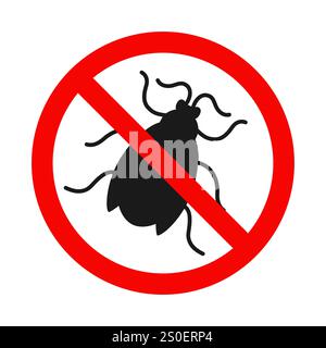 Nessun segno di insetto. Poster anti scarafaggio. Sagoma di insetto in rosso che proibisce l'insetticida circolare. Simbolo controllo antiparassitario con coleottero. Semplice umorismo icona grafica scarafaggio illustrazione isolata dal vettore Illustrazione Vettoriale