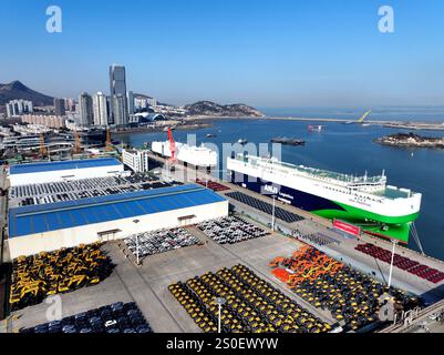 Pechino, Cina. 27 dicembre 2024. Una foto aerea scattata il 27 dicembre 2024 mostra i veicoli da caricare per l'esportazione al porto di Lianyungang, nella provincia cinese di Jiangsu. Crediti: Wang Chun/Xinhua/Alamy Live News Foto Stock