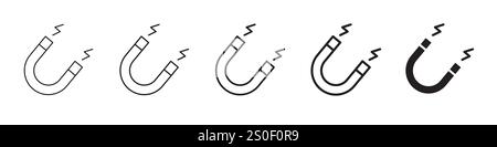 Set di 5 icone di magnete - 1 silhouette - 1 vettoriale con pannello Unexpanded - icone di magnete nere con spessori e stili di riempimento variabili, che mostrano un magnete a ferro di cavallo Illustrazione Vettoriale