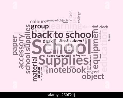 Modello cloud Word per forniture scolastiche. Informazioni sul tagcloud vettoriale del concetto di forniture scolastiche. Illustrazione Vettoriale