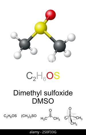 Dimetilsolfossido, DMSO, modello di molecola sferica e bastone e struttura chimica. Composto organozolfo, liquido incolore e solvente aprotico polare. Foto Stock