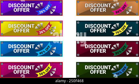 Set di otto striscioni rettangolari in vendita con il 26% 36% 46% 56% 66% 76% 86% e 96% di sconto con colori multipli Illustrazione Vettoriale
