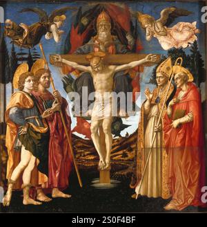 La pala di Pistoia Santa Trinità è una tempera d'uovo del 1455-1460, tempera grassa e olio su legno, iniziata da Pesellino e completata da fra Filippo Lippi e la sua bottega.[1] la Santa Trinità è raffigurata come il "Trono della Misericordia" con Dio padre che sostiene il Cristo Crocifisso in grembo, con a sinistra San Mamas[a] e San Giacomo il grande e a destra San Zenone e San Girolamo. Foto Stock