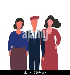 Banner, carta o copertina in stile retrò colorato Design creativo, semplice modello multiuso con tre persone vicine, due donne e un uomo nella Illustrazione Vettoriale
