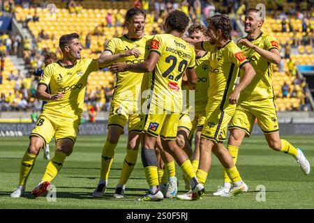 Wellington, nuova Zelanda. 28 dicembre 2024. Foto suggestiva della Wellington Phoenix che celebra il gol di apertura di Kosta Barbarouses. Wellington Phoenix contro Newcastle Jets. Isuzu Ute A-League. Round 10. Sky Stadium. Wellington. Nuova Zelanda. La squadra di casa, Wellington Phoenix, vince 2-1 (HT 1-0). (Joe Serci/SPP) credito: SPP Sport Press Photo. /Alamy Live News Foto Stock