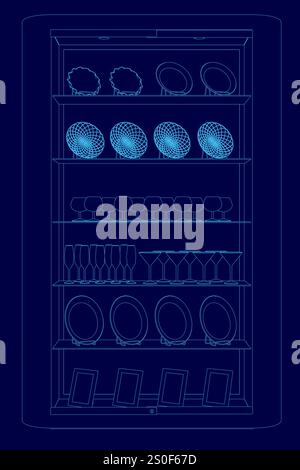 Immagine 3D blu di un portabottiglie con molti bicchieri da vino. I bicchieri da vino sono disposti in file e sono di varie dimensioni. Concetto di organizzazione e. Illustrazione Vettoriale