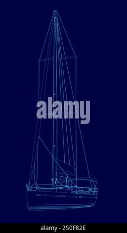 Disegno blu di una barca a vela con sfondo blu. La barca a vela è disegnata in modo stilizzato, con linee e forme che le conferiscono un aspetto futuristico Illustrazione Vettoriale