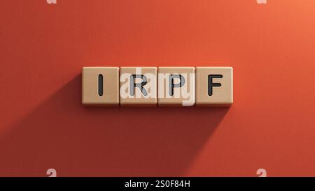 Testo IRPF su blocco di legno.primo piano di elementi in legno,concetto aziendale.rendering 3D su sfondo rosso. Foto Stock