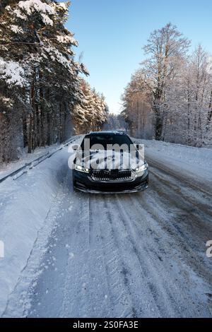 Un tranquillo e sereno paesaggio innevato mostra un veicolo che scivola su una strada innevata, avvolto da alti pini Foto Stock