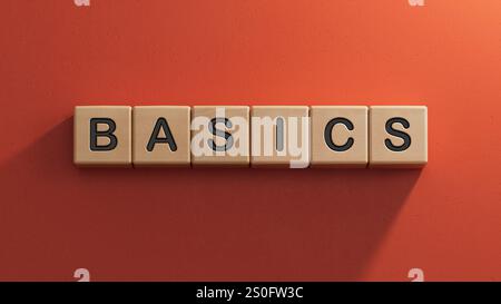 Firma con le NOZIONI DI BASE del testo. Il contenuto della scritta ha implicazioni per e marketing. Business concept.rendering 3D su sfondo rosso. Foto Stock