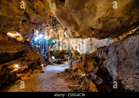 una grotta con stalagmiti e stalattiti. La grotta è grande e scura e le pareti sono coperte da una varietà di formazioni rocciose diverse. Lo stalagmi Foto Stock