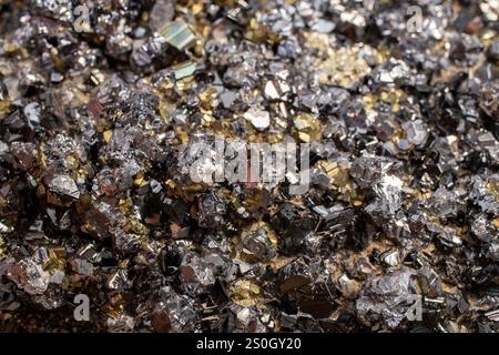 Fiore minerale di pirite colore nero e dorato messa a fuoco morbida primo piano, motivo astratto Foto Stock