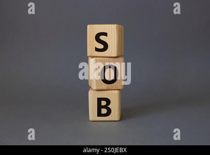 SOB - simbolo respiro corto. Cubi di legno con parole SOB. Splendido sfondo grigio. Concetto medico e SOB. Copia spazio. Foto Stock
