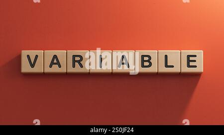 VARIABILE Word realizzata con blocchi in legno.primo piano di elementi in legno,Business Concept.rendering 3D su sfondo rosso. Foto Stock
