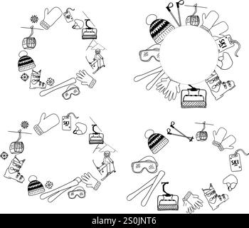 Kit telaio sagoma ovale circolare attrezzatura da sci. Logo Vector per club di sci in stile grafico Illustrazione Vettoriale