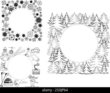 le vacanze sportive invernali hanno un cerchio con cornice quadrata. Fiocchi di neve, pineta, attrezzatura da sci in illustrazioni grafiche. Vettoriale isolato Illustrazione Vettoriale