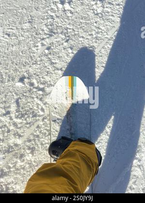 Snowboard Shadow e Snowboard su una pendenza illuminata dal sole Foto Stock