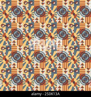 Pattern vettoriale senza cuciture con forme geometriche astratte e composizione in stile retrò. Elementi retrò, motivo geometrico per striscioni, poster, tessuti. Illustrazione Vettoriale