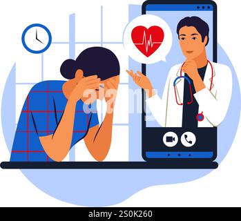 Appuntamento medico. Consultazione online. Tecnologie sanitarie moderne. Applicazione mobile. Donna che parla con un medico maschile sullo schermo di uno smartphone Illustrazione Vettoriale