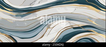 Striscione liquido in marmo blu, bianco e oro astratto Illustrazione Vettoriale