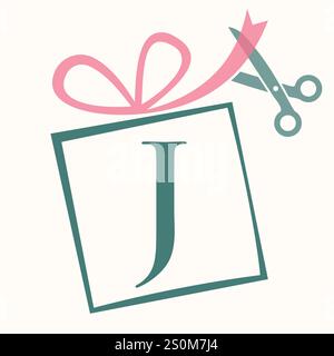 Concetto iniziale di design del logo della confezione regalo lettera J con nastro e simbolo delle forbici per tessere e insegna regalo di compleanno Illustrazione Vettoriale