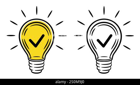 Lampadina con segno di spunta, idea creativa, segno di spunta per la soluzione di successo, suggerimenti rapidi. Lampadina elettrica e segno di spunta. Ottima scelta. Nuova icona della barra delle informazioni Illustrazione Vettoriale