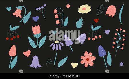 Fiori selvatici astratti primaverili, fiori incastonati, foglie e frutti di bosco, icone piatte. Illustrazione Vettoriale