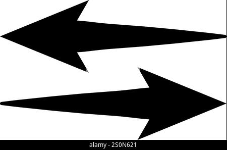 Due frecce nere allungate puntano in direzioni opposte, creando una visuale dinamica che suggerisce forze opposte, scelte o uno scambio bidirezionale Illustrazione Vettoriale