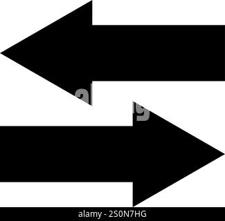 Due grandi frecce nere che puntano orizzontalmente in direzioni opposte che rappresentano uno scambio, un trasferimento o un commercio su uno sfondo bianco minimalista Illustrazione Vettoriale